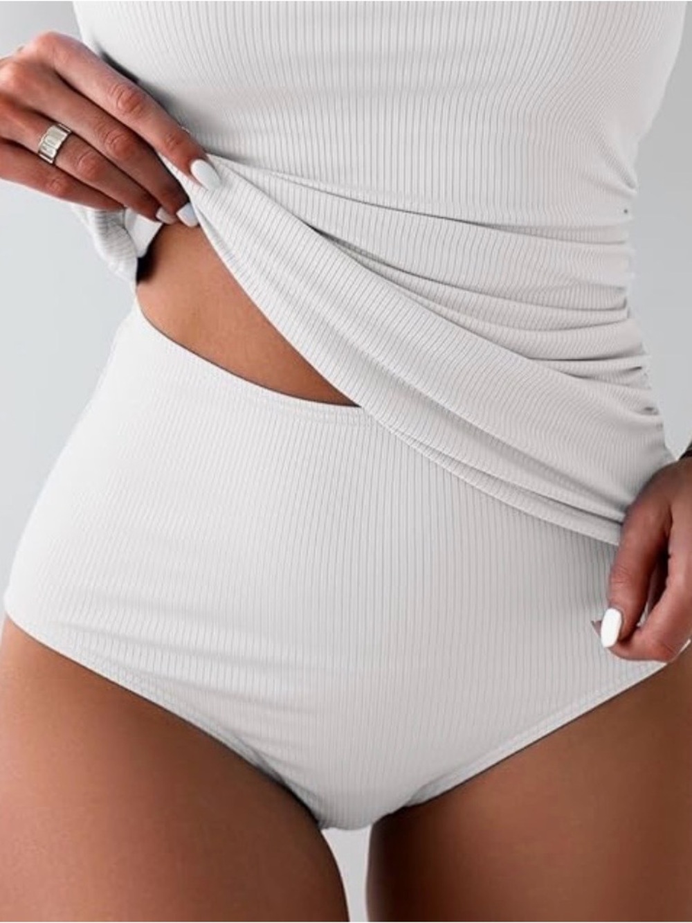 Ribbed High-Waist White Bikini Bottoms, Medium